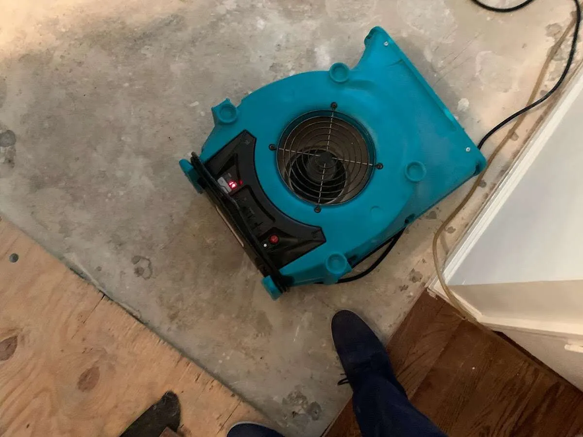 Air mover drying subfloor during Leak Detection & Repair in Oceanside